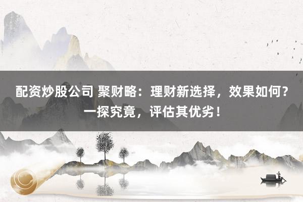 配资炒股公司 聚财略：理财新选择，效果如何？一探究竟，评估其优劣！